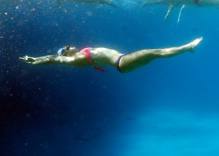 Jun 22, 2014; Santa Clara, CA, USA; Swimmer in warm up pool before the start of the preliminary heats at the George F. Haines International Aquatic Center. Mandatory Credit: Bob Stanton-USA TODAY Sports